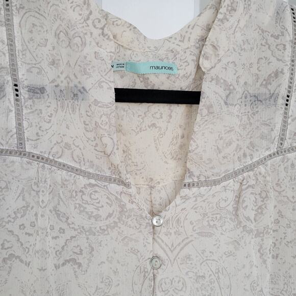 Maurices Sheer Paisley Long Sleeve Cream/Gray Blouse Women Sz M - Picture 8 of 10